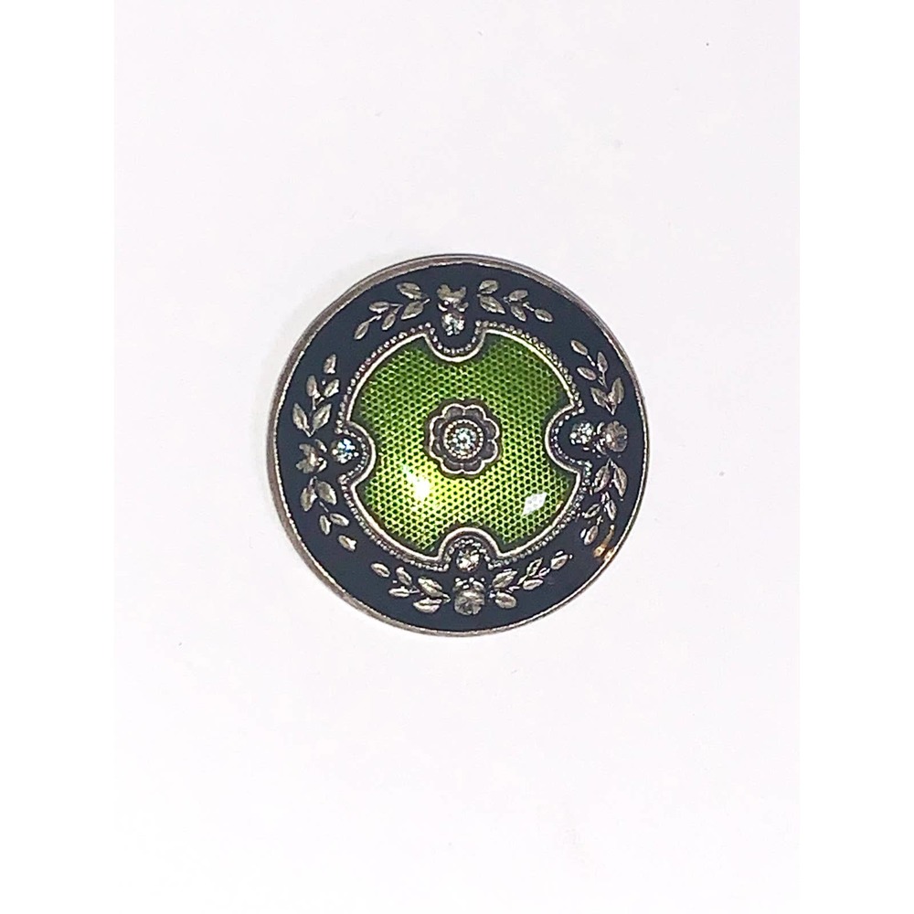 Vintage Catherine Popesco France Silver Green Enamel Round Brooch Pin EUC